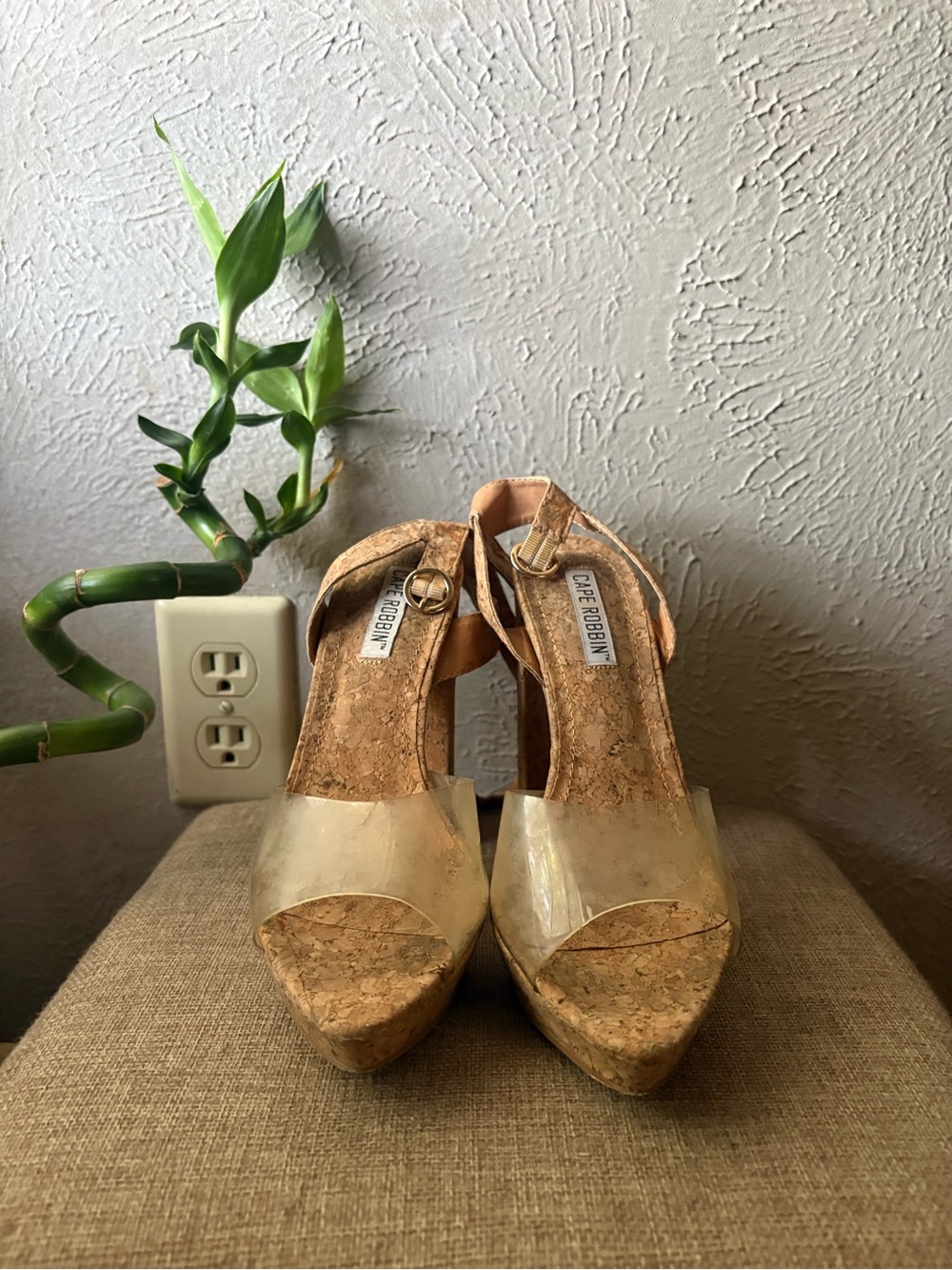 Cape Robbin Cork Platform Wedges with Clear Strap